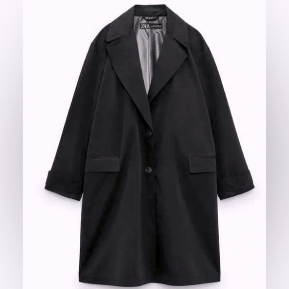 Zara Black Timeless Oversized Trench Coat Jacket Collared Button 80s Inspired - Picture 8 of 12